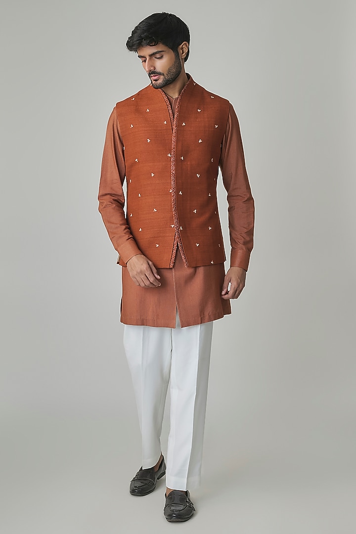 Burnt Orange Silk Bundi Jacket Set by Dhruv Vaish at Pernia's Pop Up Shop