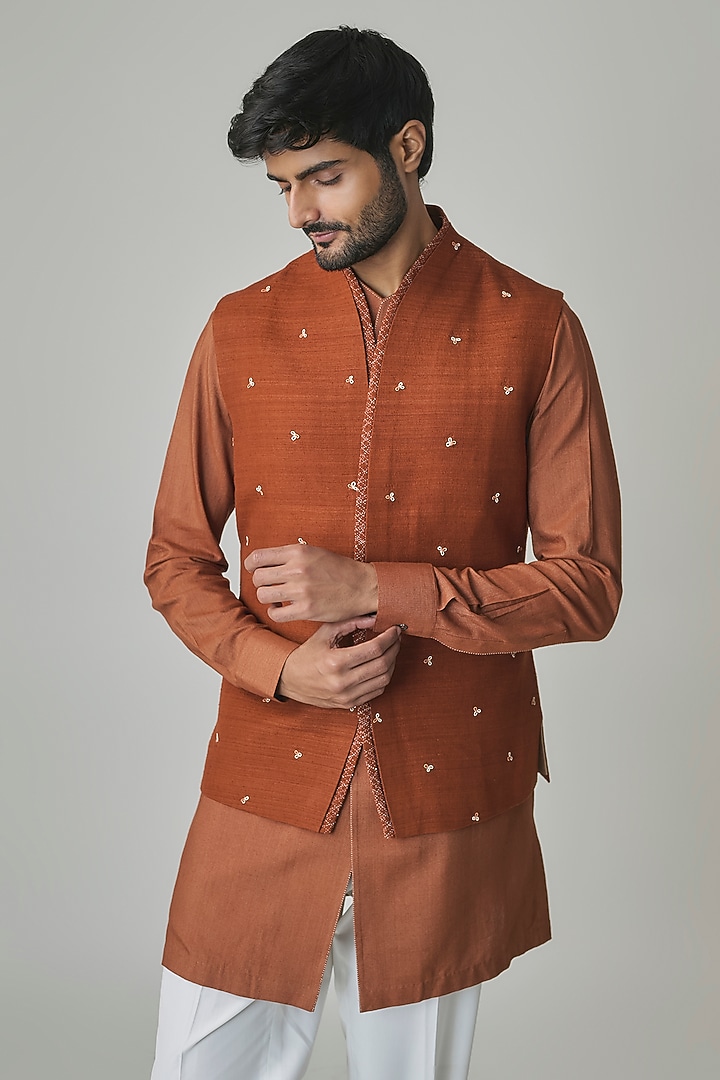 Burnt Orange Silk Bundi Jacket Set by Dhruv Vaish at Pernia's Pop Up Shop