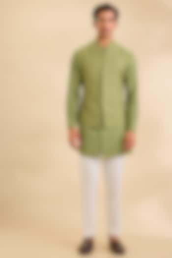 Fern Green Silk Bundi Jacket Set by Dhruv Vaish at Pernia's Pop Up Shop
