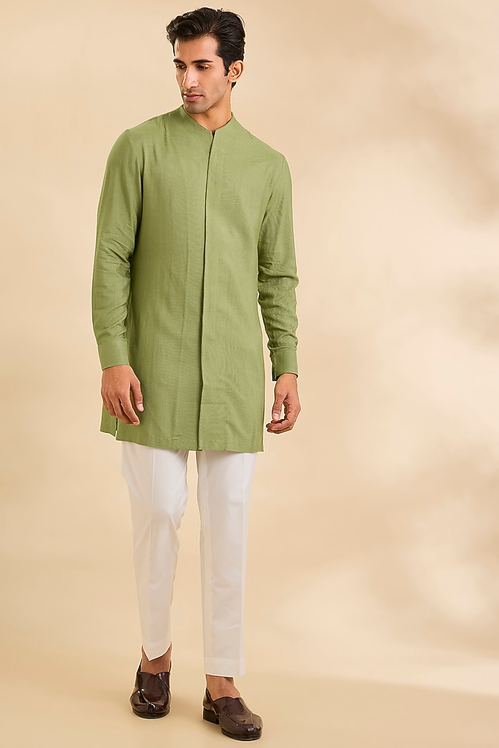 Fern Green Silk Bundi Jacket Set by Dhruv Vaish at Pernia's Pop Up Shop