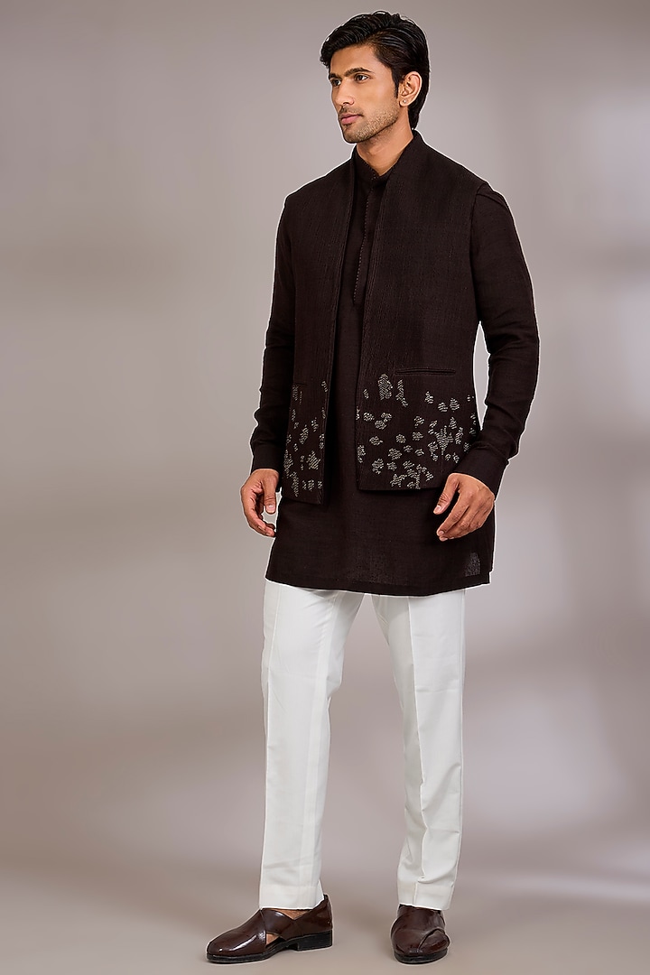 Cocoa Brown Silk Bundi Jacket Set by Dhruv Vaish at Pernia's Pop Up Shop