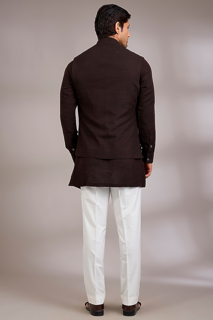 Cocoa Brown Silk Bundi Jacket Set by Dhruv Vaish at Pernia's Pop Up Shop