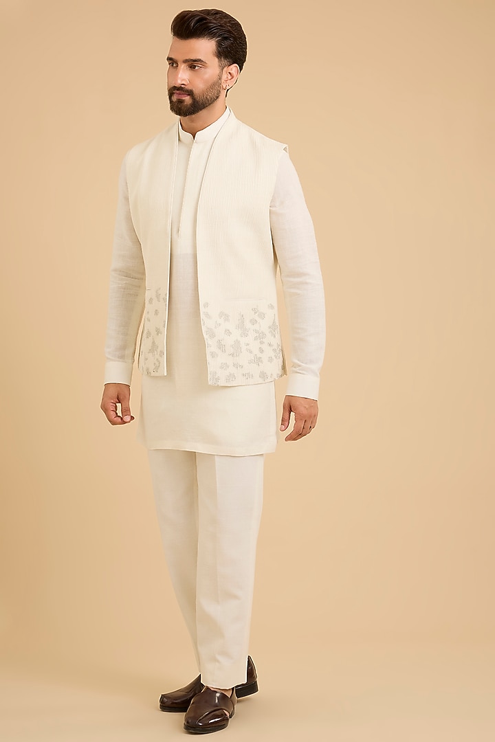Ivory Silk Bundi Jacket Set by Dhruv Vaish at Pernia's Pop Up Shop