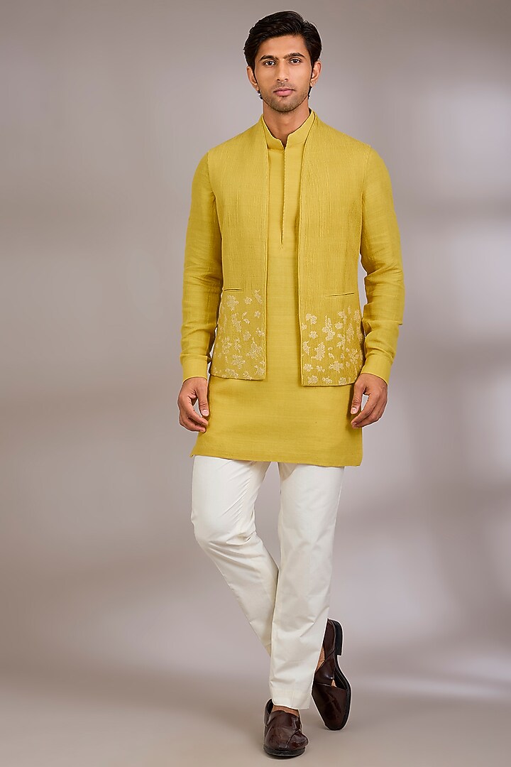 Marigold Yellow Silk Bundi Jacket Set by Dhruv Vaish at Pernia's Pop Up Shop