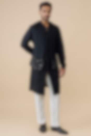 Black Silk Bundi Jacket Set by Dhruv Vaish at Pernia's Pop Up Shop