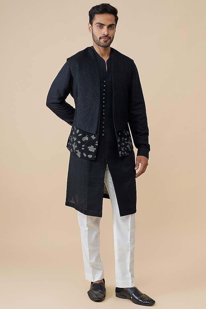 Black Silk Bundi Jacket Set by Dhruv Vaish at Pernia's Pop Up Shop