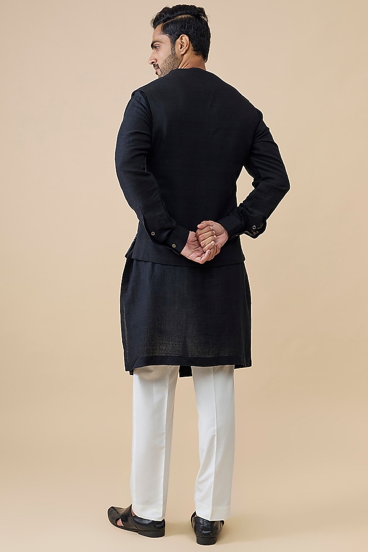 Black Silk Bundi Jacket Set by Dhruv Vaish at Pernia's Pop Up Shop