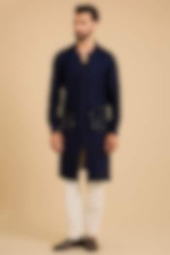 Navy Silk Bundi Jacket Set by Dhruv Vaish at Pernia's Pop Up Shop