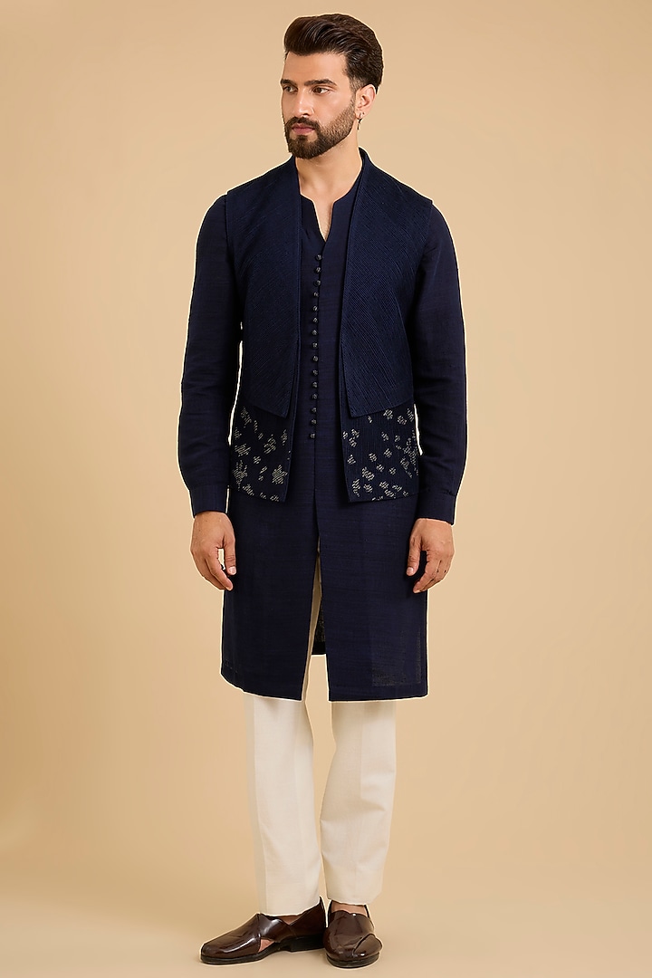 Navy Silk Bundi Jacket Set by Dhruv Vaish at Pernia's Pop Up Shop
