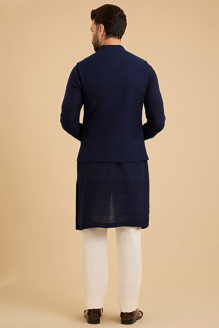 Navy Silk Bundi Jacket Set by Dhruv Vaish at Pernia's Pop Up Shop