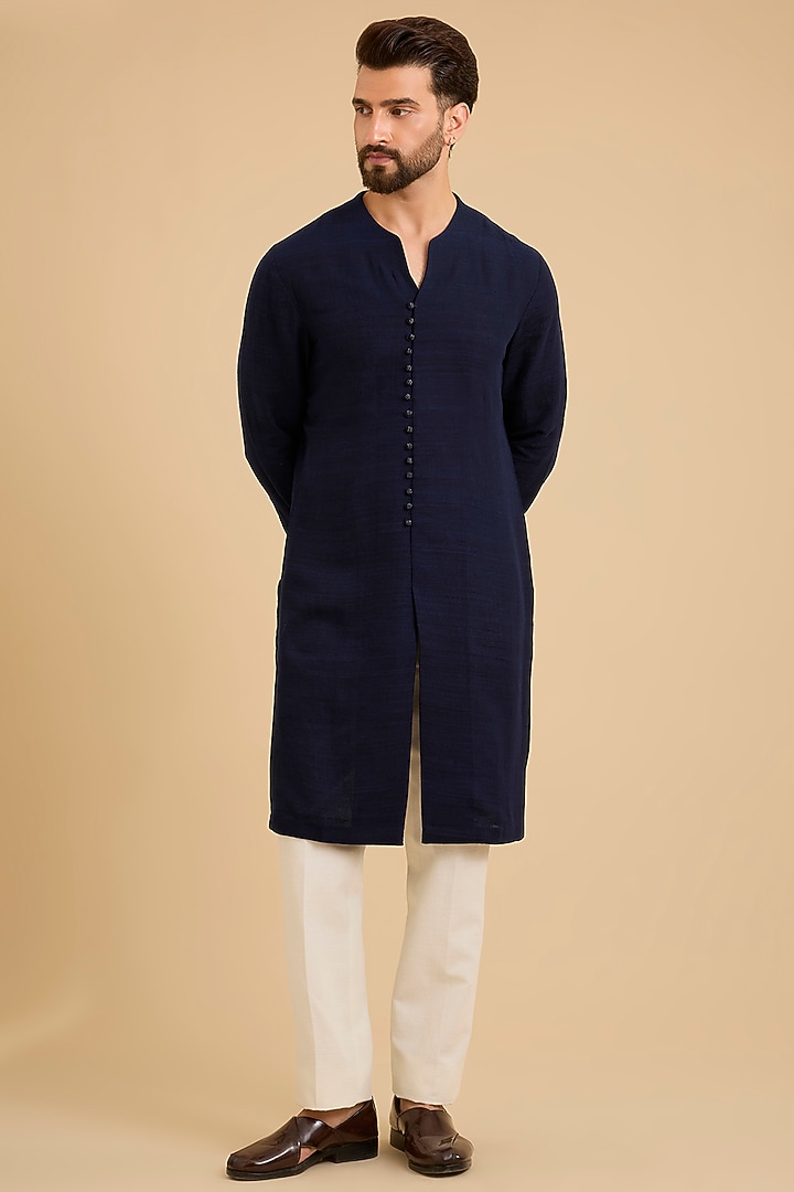 Navy Silk Bundi Jacket Set by Dhruv Vaish at Pernia's Pop Up Shop
