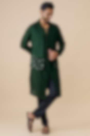 Bottle Green Silk Bundi Jacket Set by Dhruv Vaish at Pernia's Pop Up Shop
