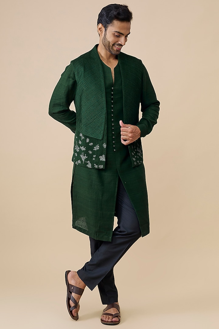 Bottle Green Silk Bundi Jacket Set by Dhruv Vaish at Pernia's Pop Up Shop