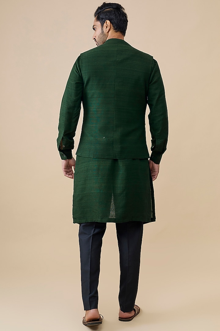 Bottle Green Silk Bundi Jacket Set by Dhruv Vaish at Pernia's Pop Up Shop