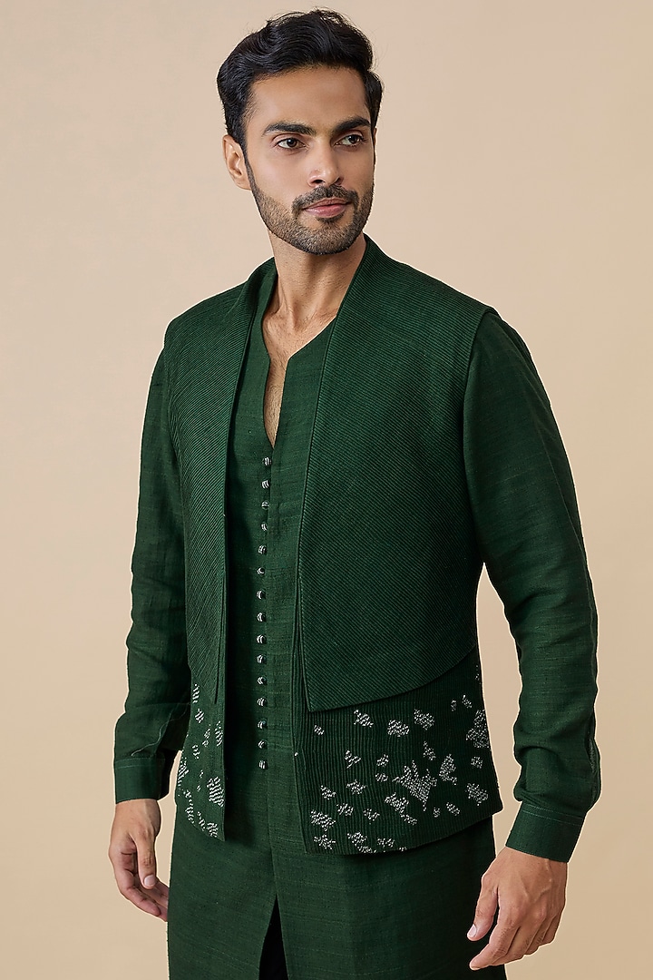 Bottle Green Silk Bundi Jacket Set by Dhruv Vaish at Pernia's Pop Up Shop