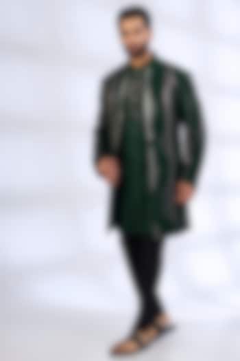 Bottle Green Silk & Chanderi Groom Indowestern Set by Dhruv Vaish at Pernia's Pop Up Shop