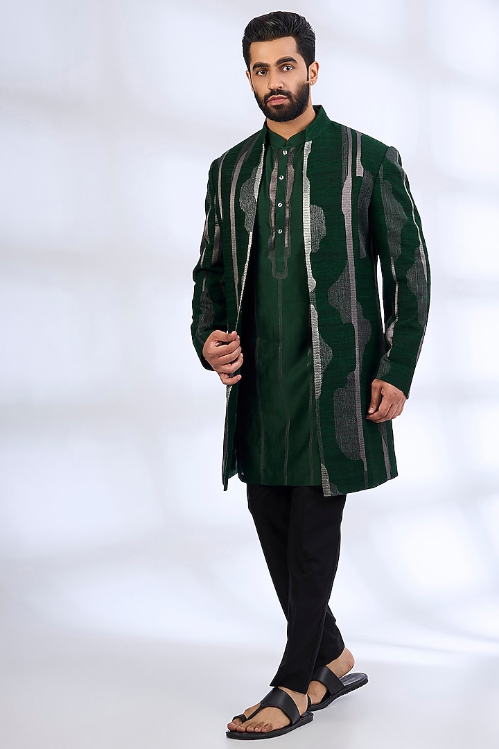 Bottle Green Silk & Chanderi Groom Indowestern Set by Dhruv Vaish at Pernia's Pop Up Shop