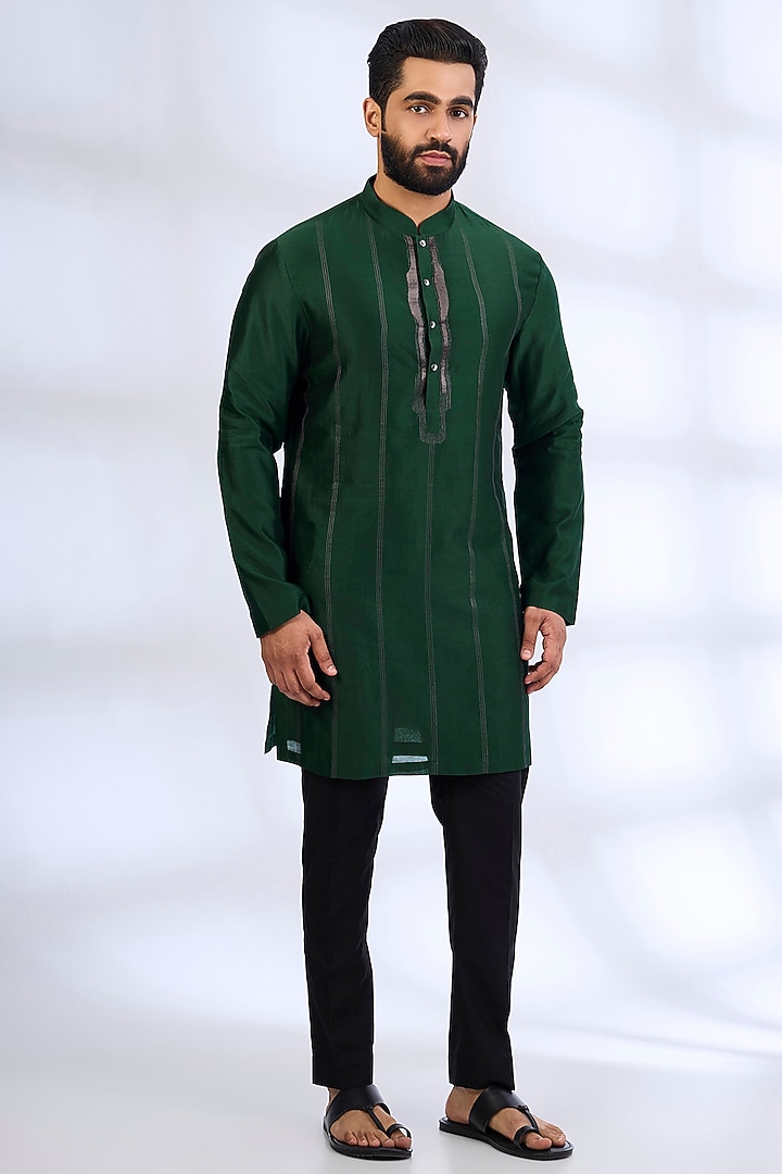 Bottle Green Silk & Chanderi Groom Indowestern Set by Dhruv Vaish at Pernia's Pop Up Shop
