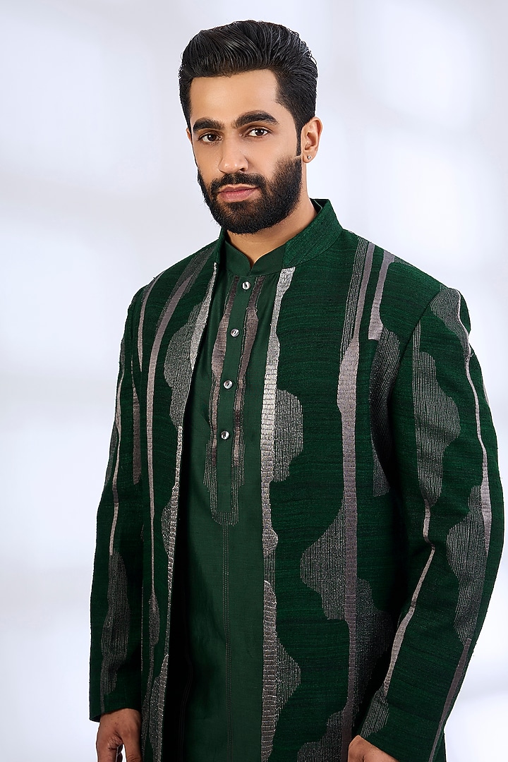 Bottle Green Silk & Chanderi Groom Indowestern Set by Dhruv Vaish at Pernia's Pop Up Shop