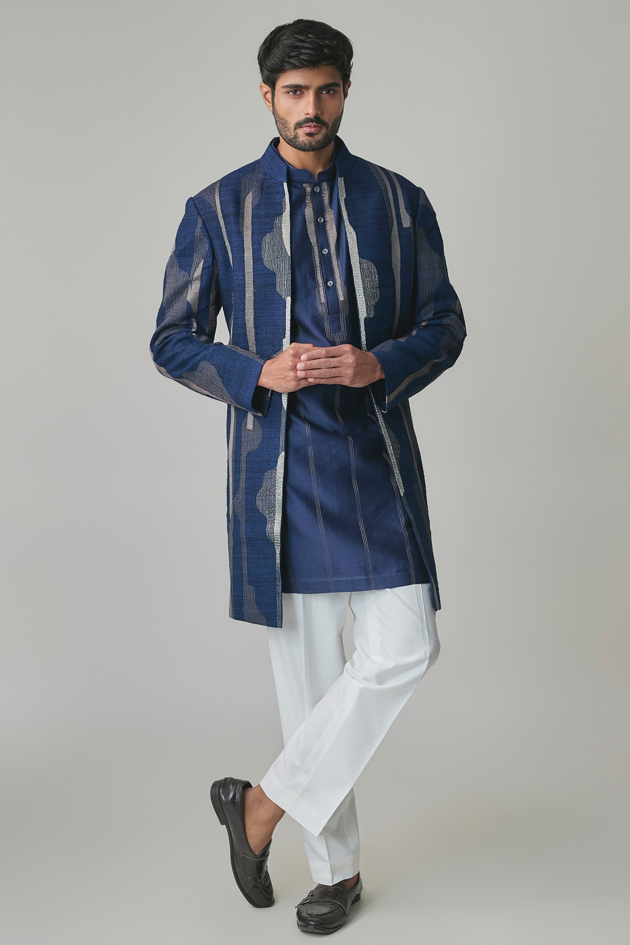 Dhruv Vaish Navy Silk Indowestern Set