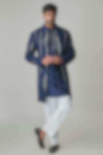 Navy Silk Groom Indowestern Set by Dhruv Vaish at Pernia's Pop Up Shop