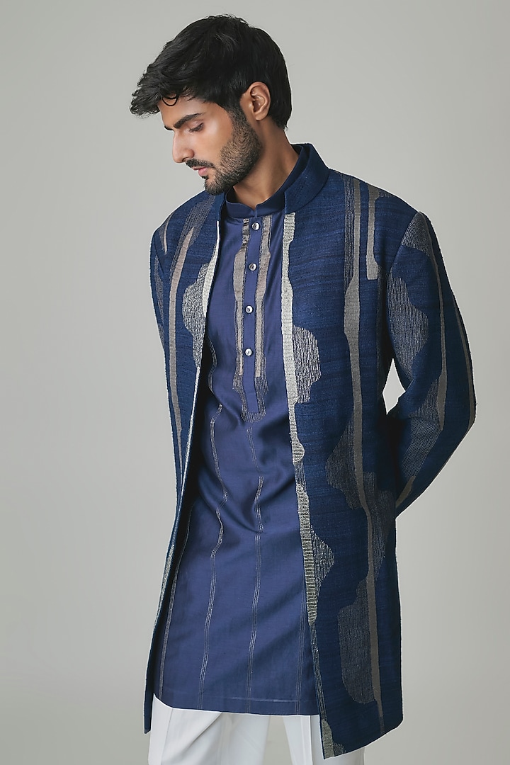 Navy Silk Groom Indowestern Set by Dhruv Vaish at Pernia's Pop Up Shop