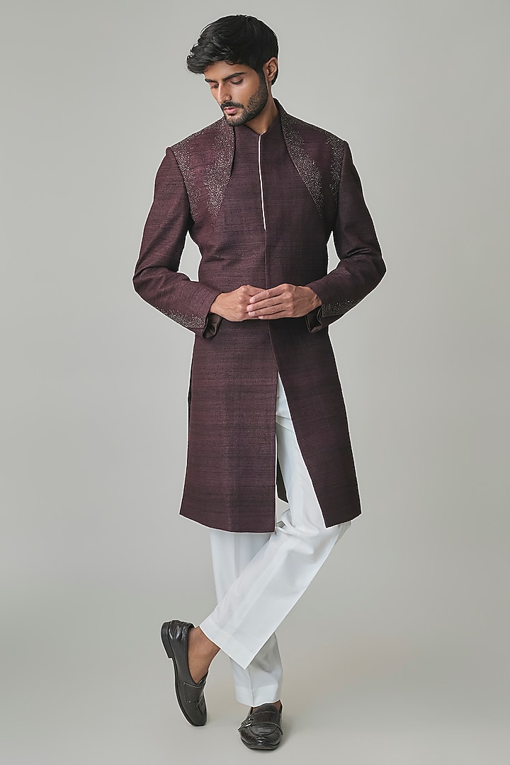 Cocoa-Colored Silk Wedding Indowestern Set by Dhruv Vaish at Pernia's Pop Up Shop