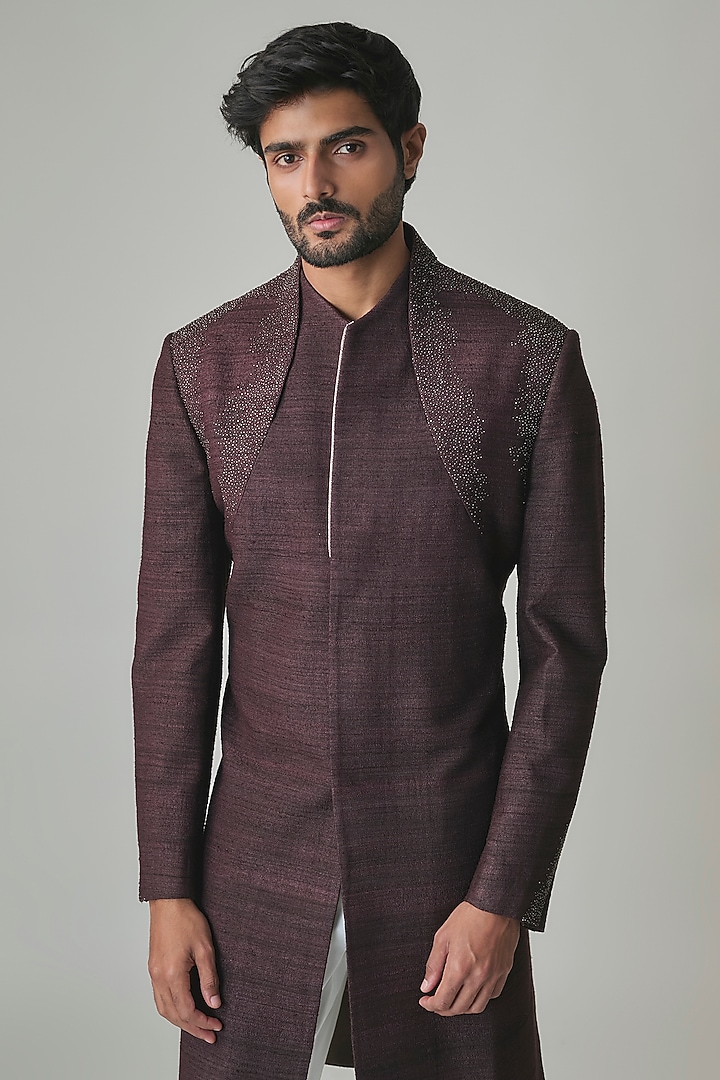 Cocoa-Colored Silk Wedding Indowestern Set by Dhruv Vaish at Pernia's Pop Up Shop