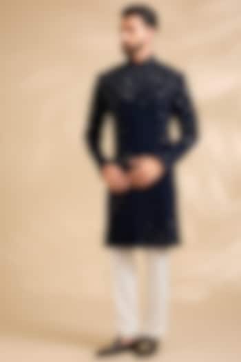 Navy Silk Groom Indowestern Set by Dhruv Vaish at Pernia's Pop Up Shop