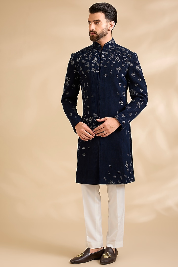 Navy Silk Groom Indowestern Set by Dhruv Vaish at Pernia's Pop Up Shop