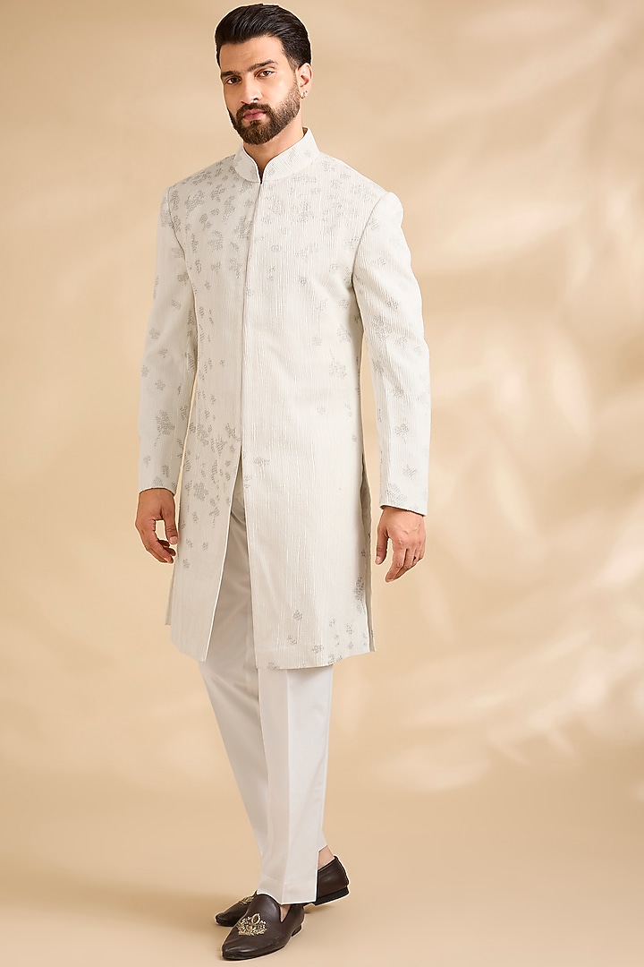 Ivory Silk Groom Indowestern Set by Dhruv Vaish at Pernia's Pop Up Shop