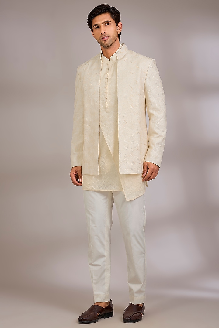 Ivory Silk Groom Indowestern Set by Dhruv Vaish at Pernia's Pop Up Shop