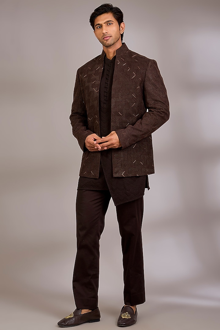 Cocoa Brown Silk Groom Indowestern Set by Dhruv Vaish at Pernia's Pop Up Shop
