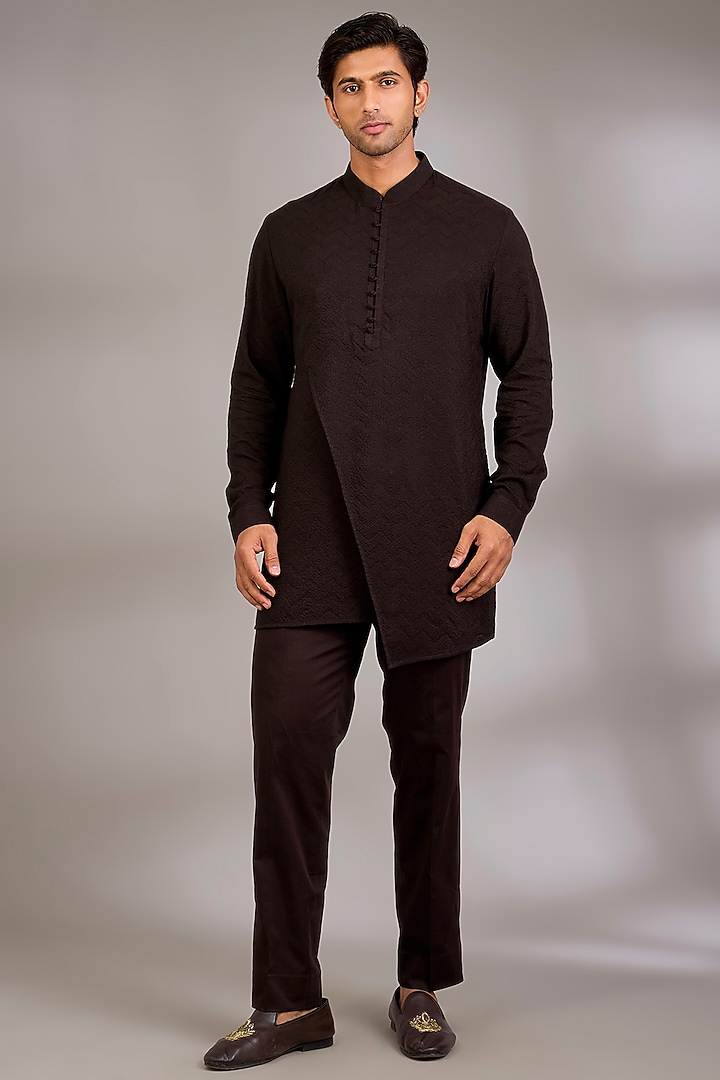Cocoa Brown Silk Groom Indowestern Set by Dhruv Vaish at Pernia's Pop Up Shop