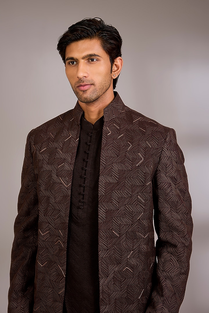 Cocoa Brown Silk Groom Indowestern Set by Dhruv Vaish at Pernia's Pop Up Shop