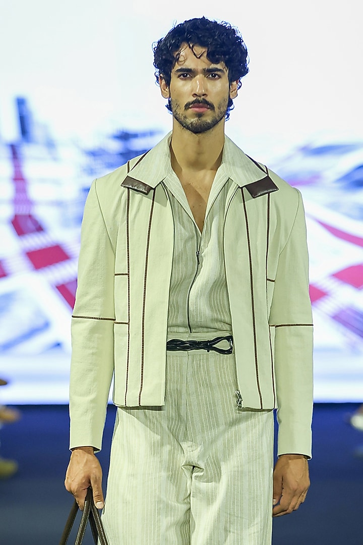 Ivory Denim & Linen Jacket by Dhruv Vaish at Pernia's Pop Up Shop