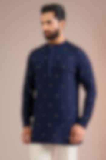 Navy Silk Kurta by Dhruv Vaish at Pernia's Pop Up Shop