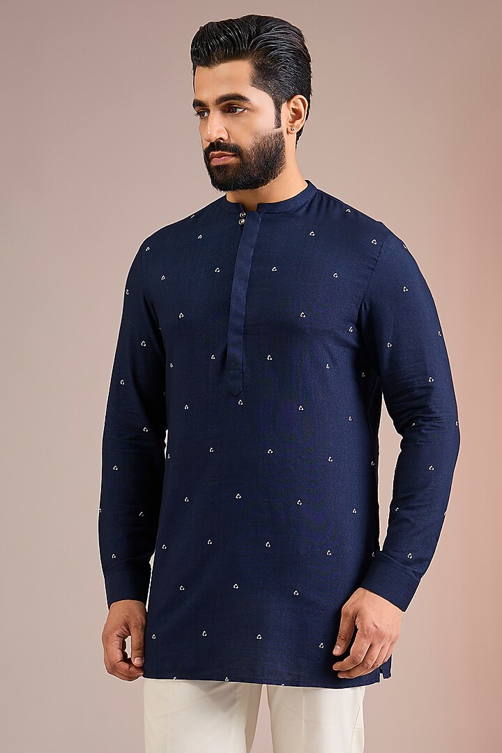 Navy Silk Kurta by Dhruv Vaish at Pernia's Pop Up Shop
