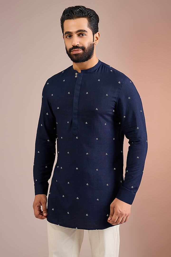 Navy Silk Kurta by Dhruv Vaish at Pernia's Pop Up Shop