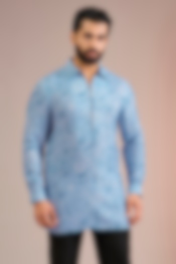 Powder Blue Textured Cotton Silk Kurta by Dhruv Vaish at Pernia's Pop Up Shop