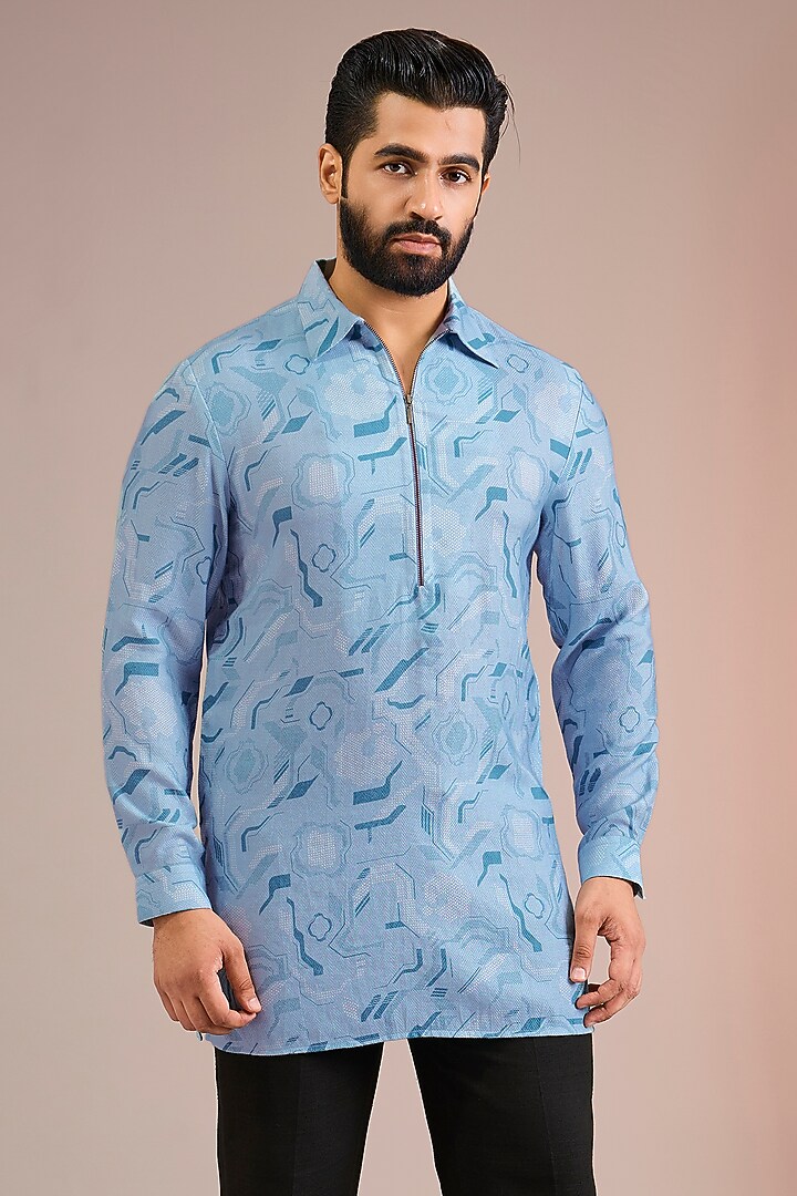 Powder Blue Textured Cotton Silk Kurta by Dhruv Vaish at Pernia's Pop Up Shop