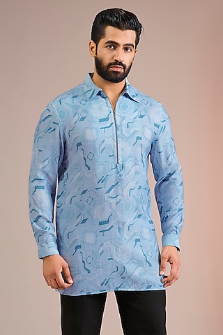 Powder Blue Textured Cotton Silk Kurta by dhruv vaish
