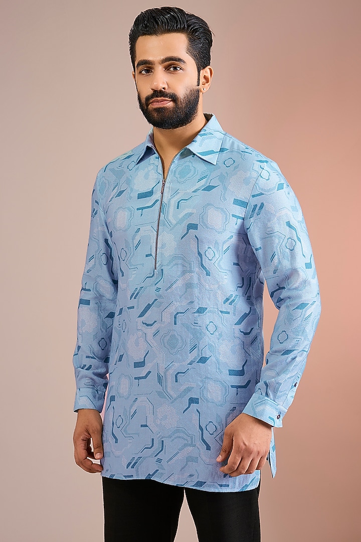 Powder Blue Textured Cotton Silk Kurta by Dhruv Vaish at Pernia's Pop Up Shop