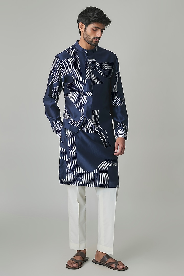 Navy Silk Kurta Set by Dhruv Vaish at Pernia's Pop Up Shop