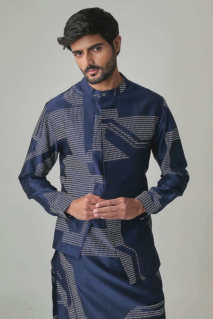Navy Silk Kurta Set by Dhruv Vaish at Pernia's Pop Up Shop
