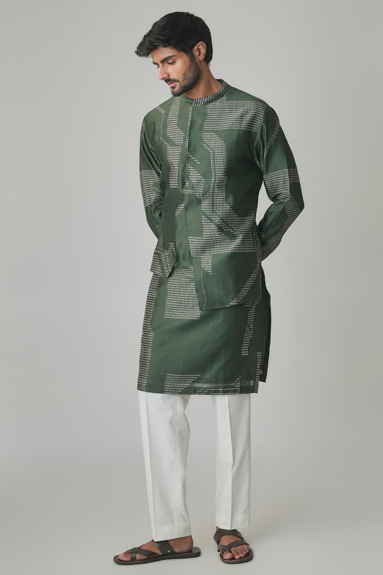Dhruv Vaish Olive Silk Kurta Set