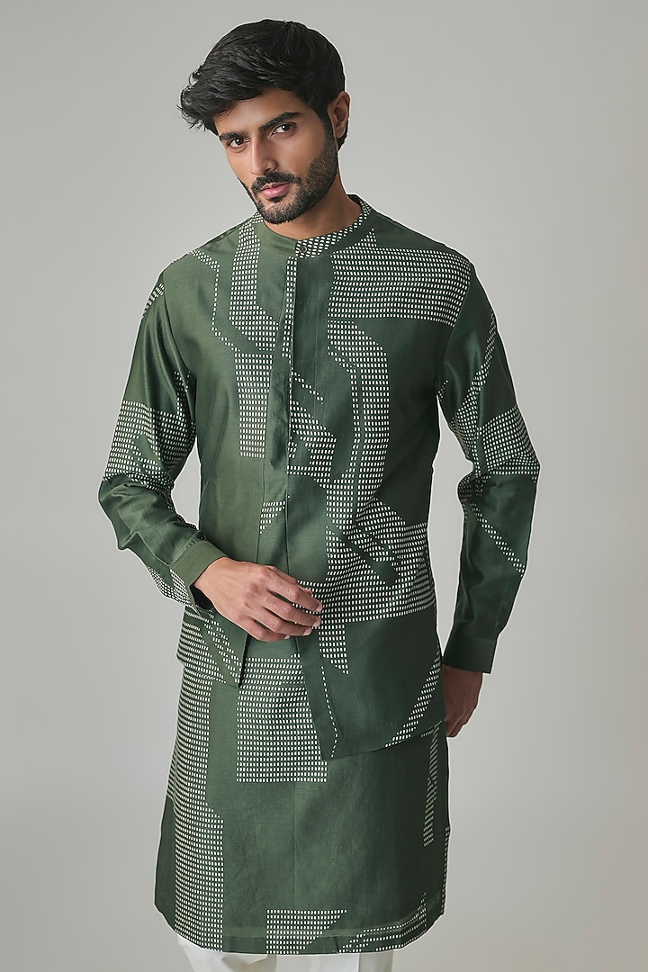 Olive Silk Kurta Set by Dhruv Vaish at Pernia's Pop Up Shop
