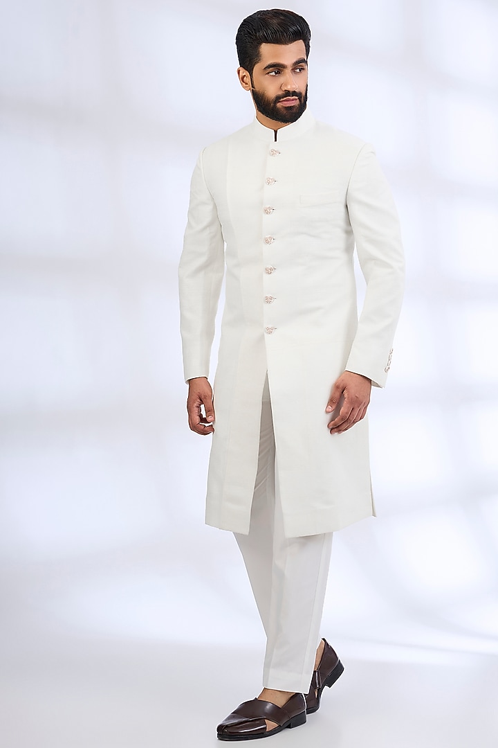 Ivory Silk Wedding Sherwani Set by Dhruv Vaish at Pernia's Pop Up Shop