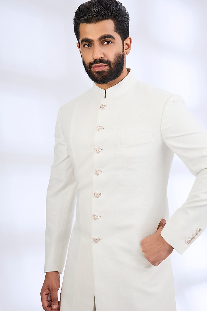 Ivory Silk Wedding Sherwani Set by Dhruv Vaish at Pernia's Pop Up Shop