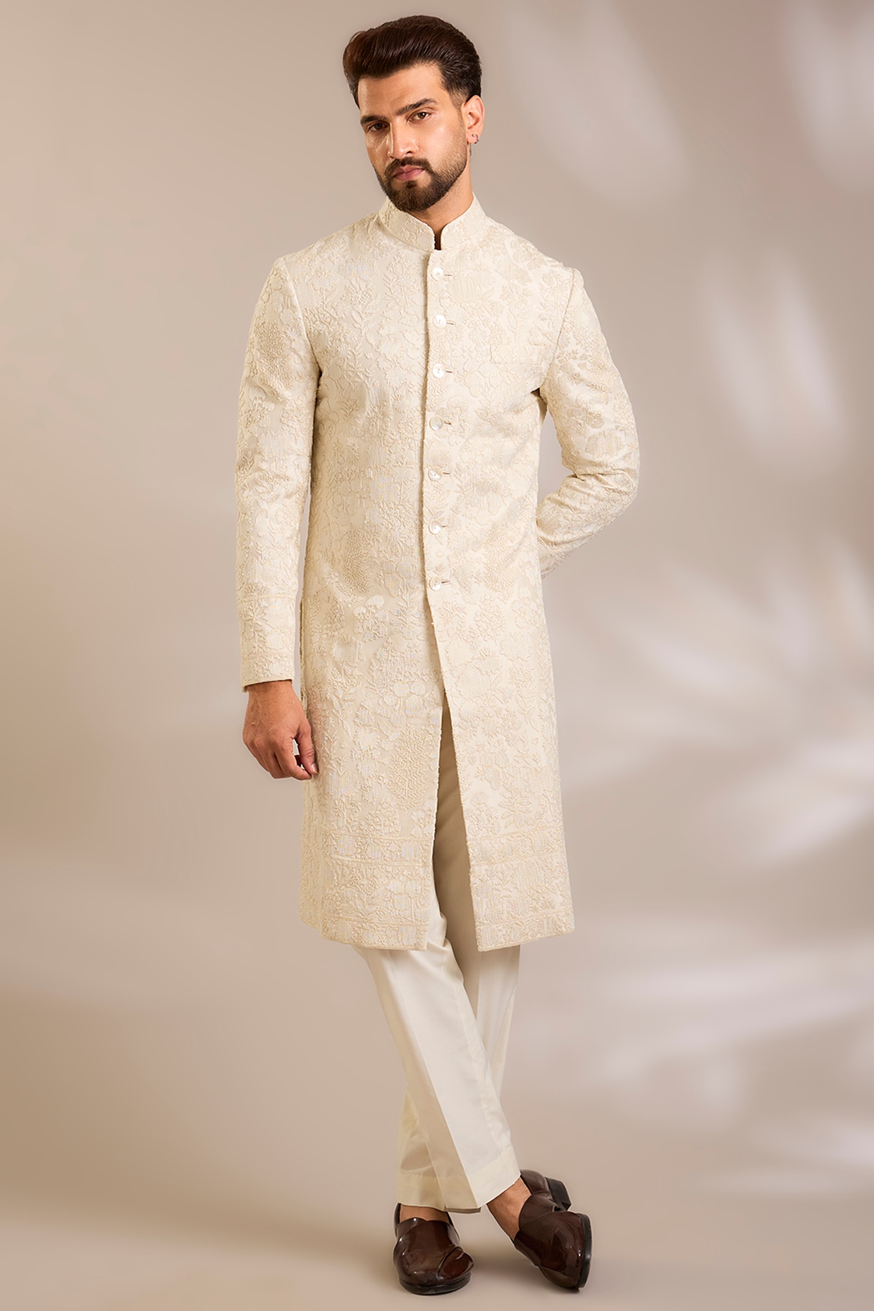Dhruv Vaish Ivory Silk Sherwani Set